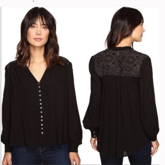 Free People Tops - FREE PEOPLE Canyon Rose Embroidered Boho Hi Lo Blouse Black Whimsigoth Grunge XS
